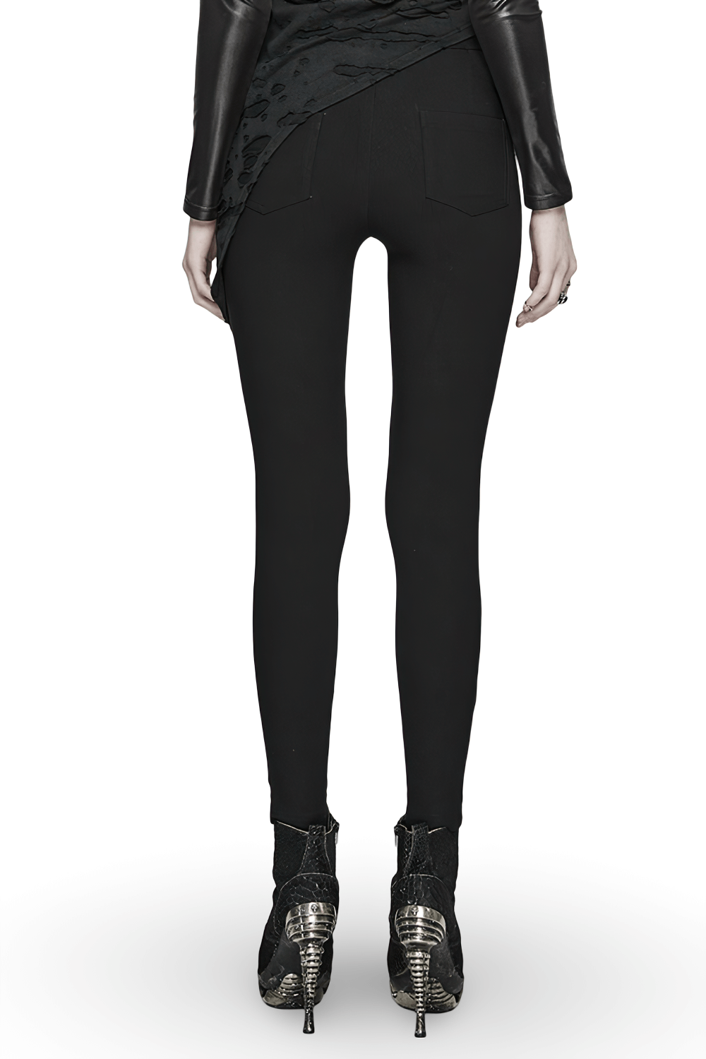 Back view of stylish black mesh panel studded leggings, showcasing a sleek fit perfect for punk rock fashion.