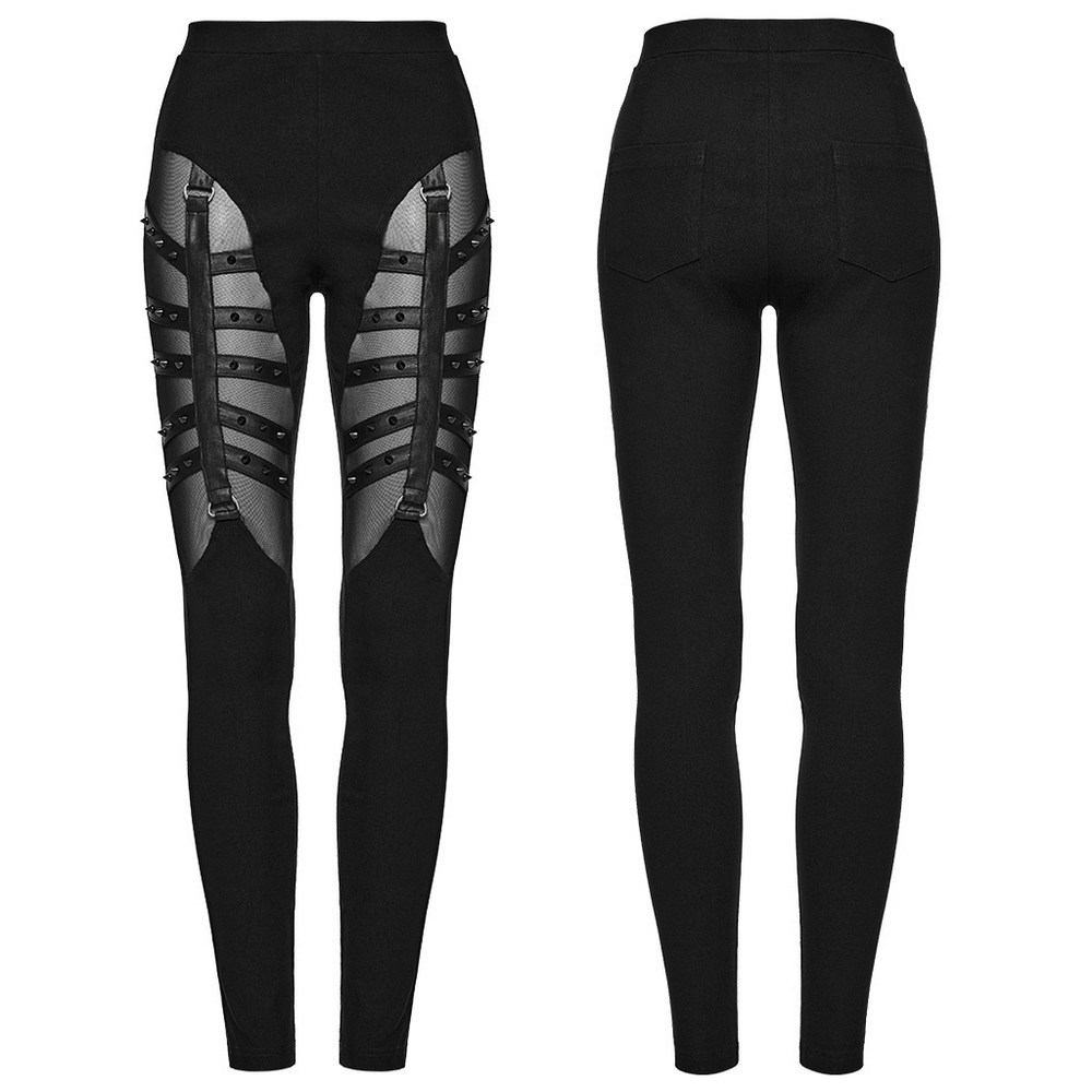 Stylish punk black leggings with mesh panels and studded detailing, perfect for edgy fashion enthusiasts.