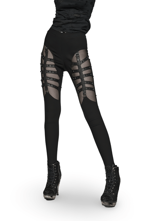 Stylish Punk Black Mesh Panel Studded Leggings