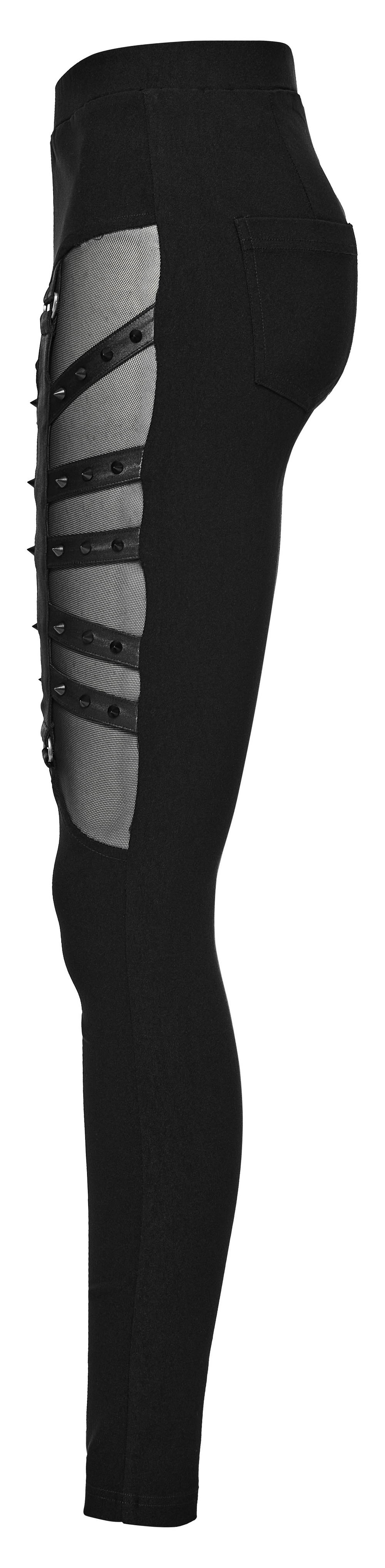 Stylish punk black mesh panel leggings with spiral studs, perfect for edgy fashion lovers.