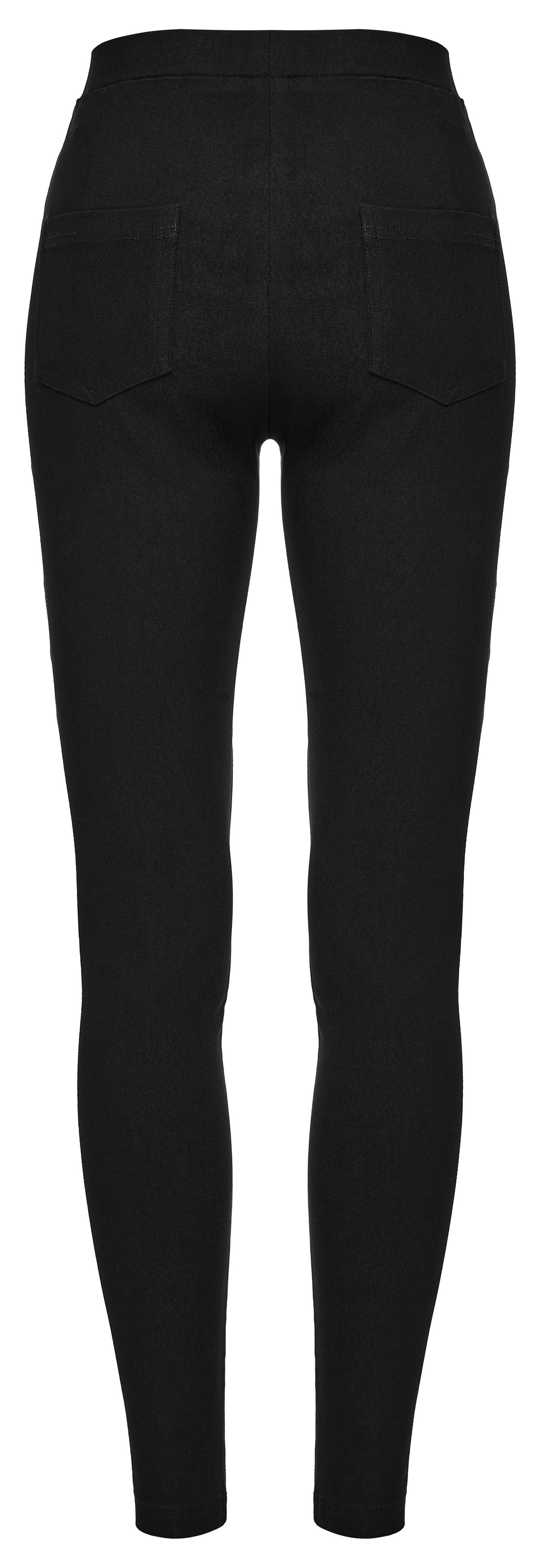 Stylish black leggings with a high waist and fitted design, showcasing back pockets and a sleek silhouette.
