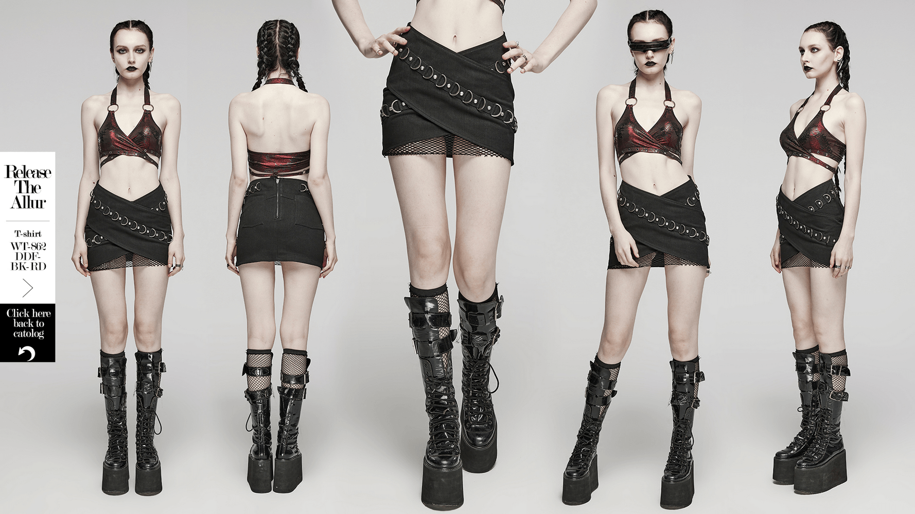 Edgy black mini skirt with metal rings and D-buckle, styled with punk rock ankle boots and layered outfits.
