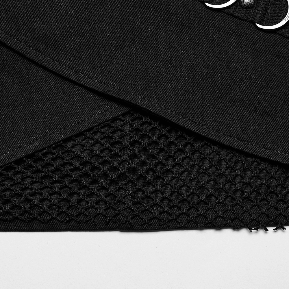 Close-up of stylish punk black mini skirt featuring crisscross twill and mesh panels, showcasing edgy details.