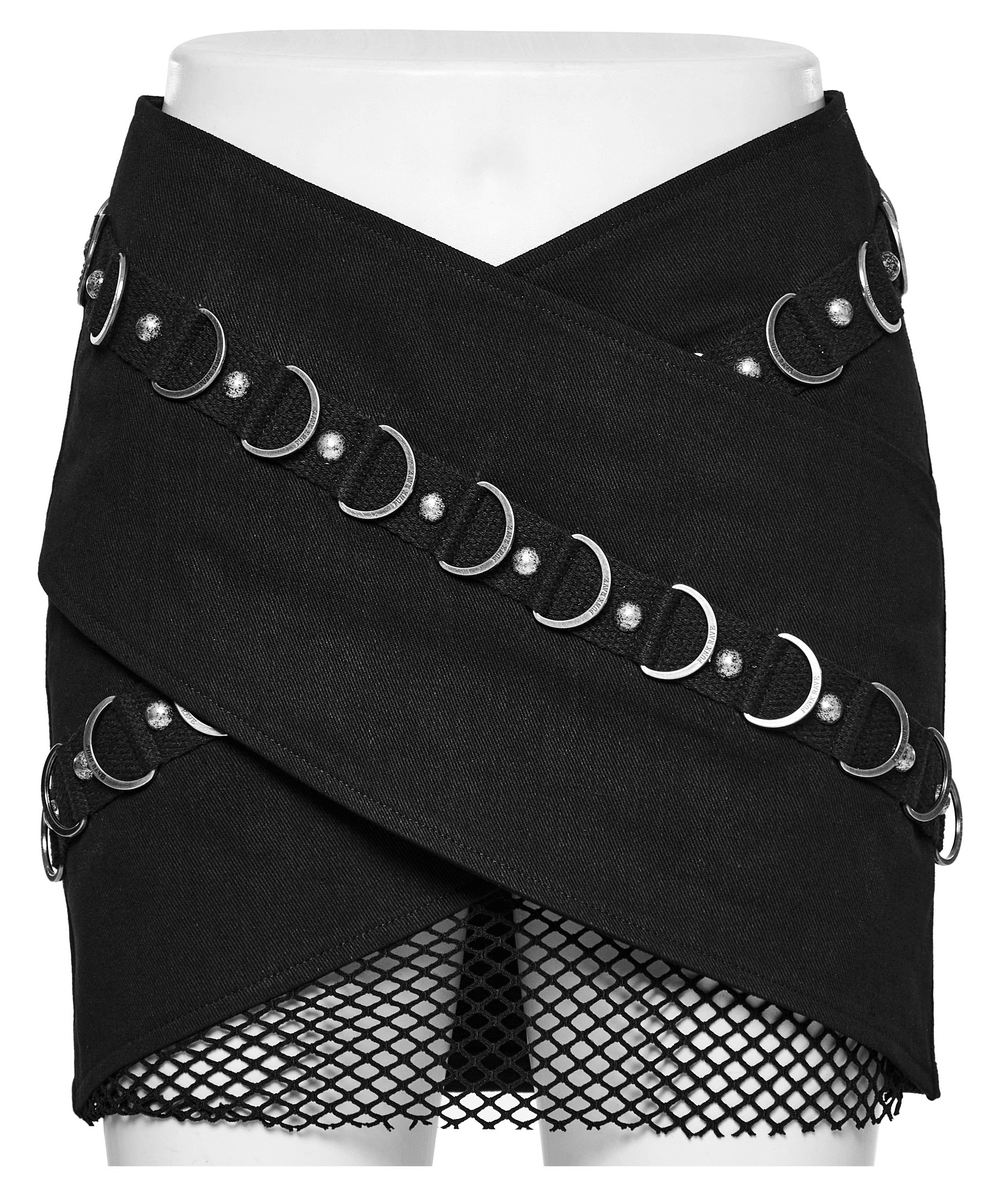 Stylish punk black mini skirt featuring metal rings, D-buckles, and mesh fabric panels for a rebellious vibe.