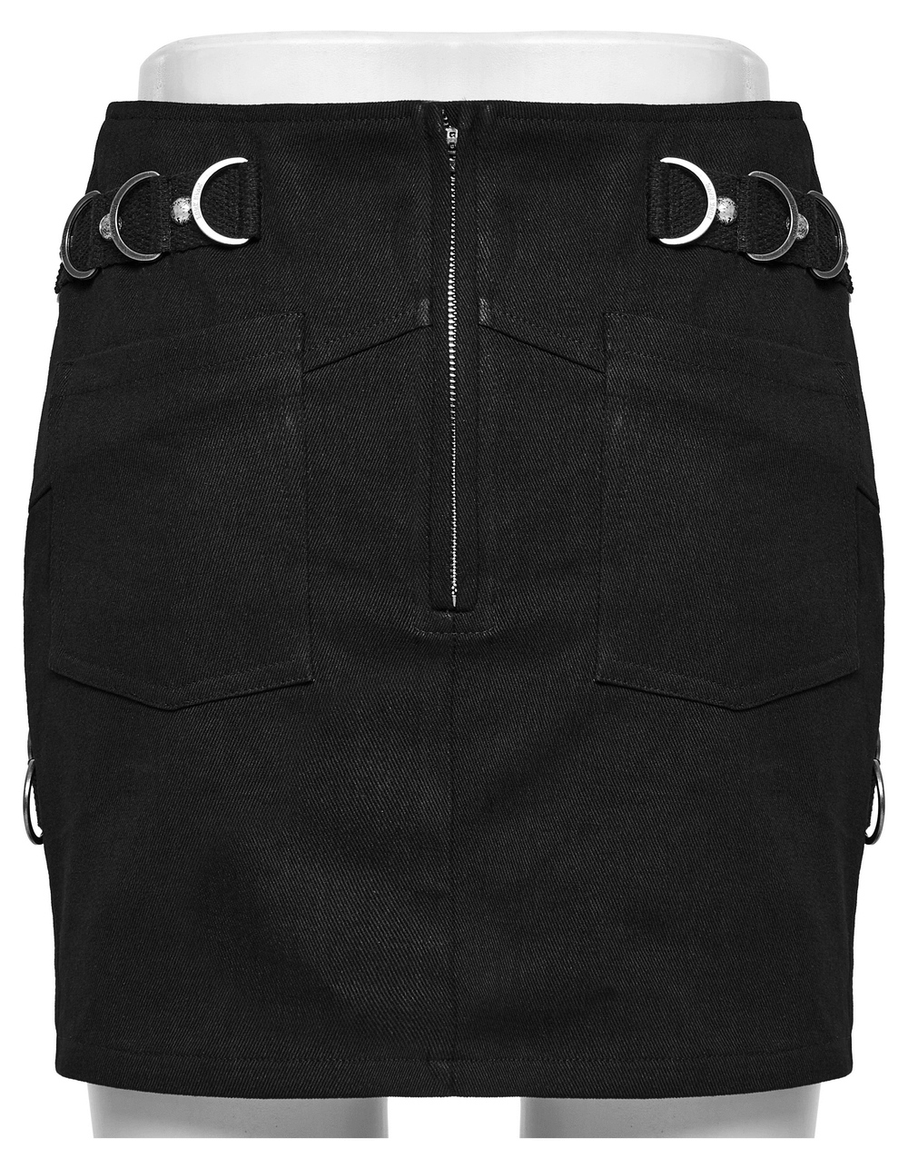 Stylish black mini skirt with metal rings and zipper closure for a punk-inspired edgy look.