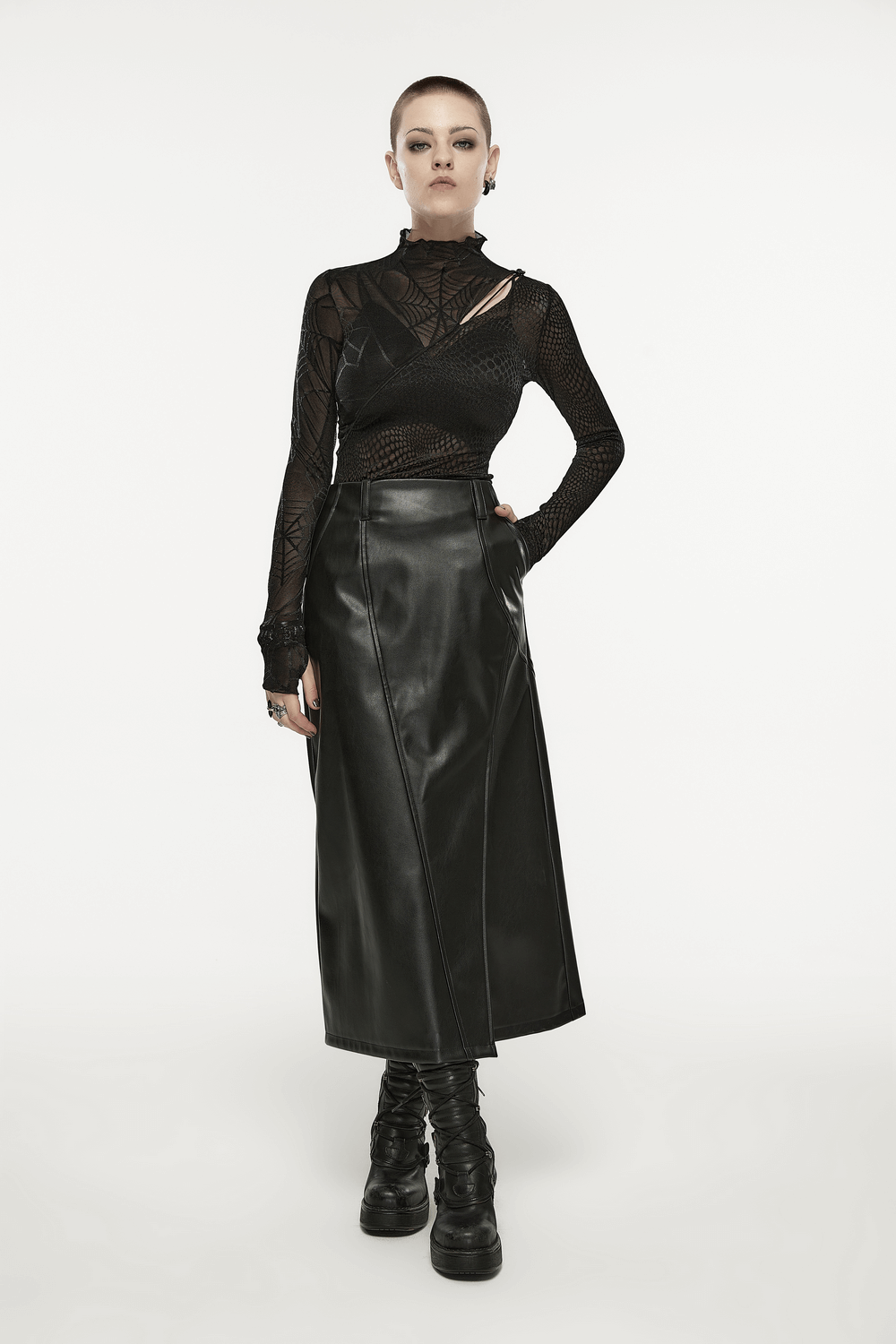Edgy punk black spiderweb mesh long sleeve top paired with a sleek leather skirt for a bold rockstar look.