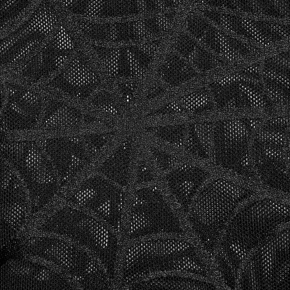 Close-up of black spiderweb mesh fabric showcasing intricate hollow-out design for punk-style fashion.