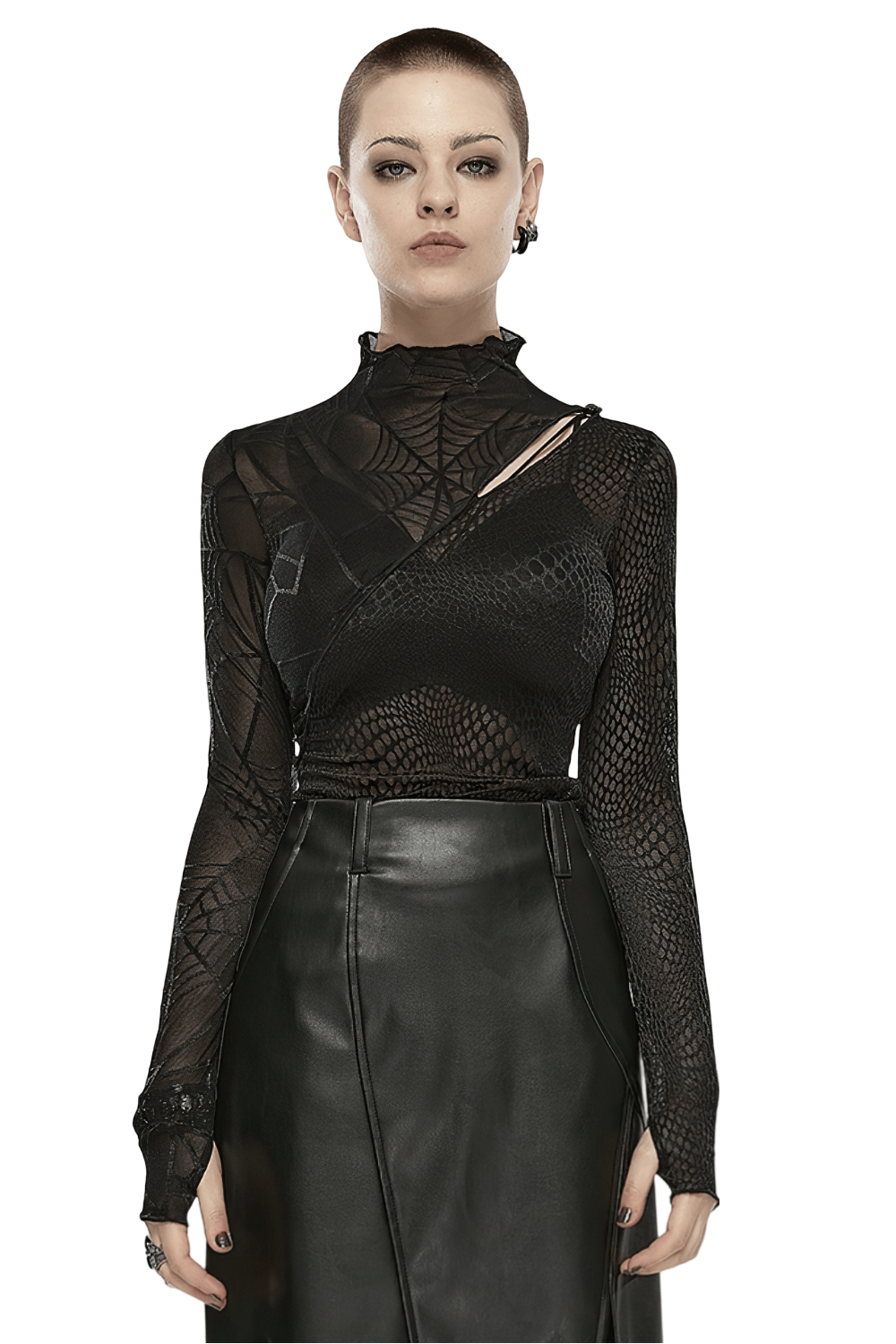 Stylish punk black spiderweb mesh long sleeve top with asymmetric design and skull detail, perfect for edgy fashion lovers.