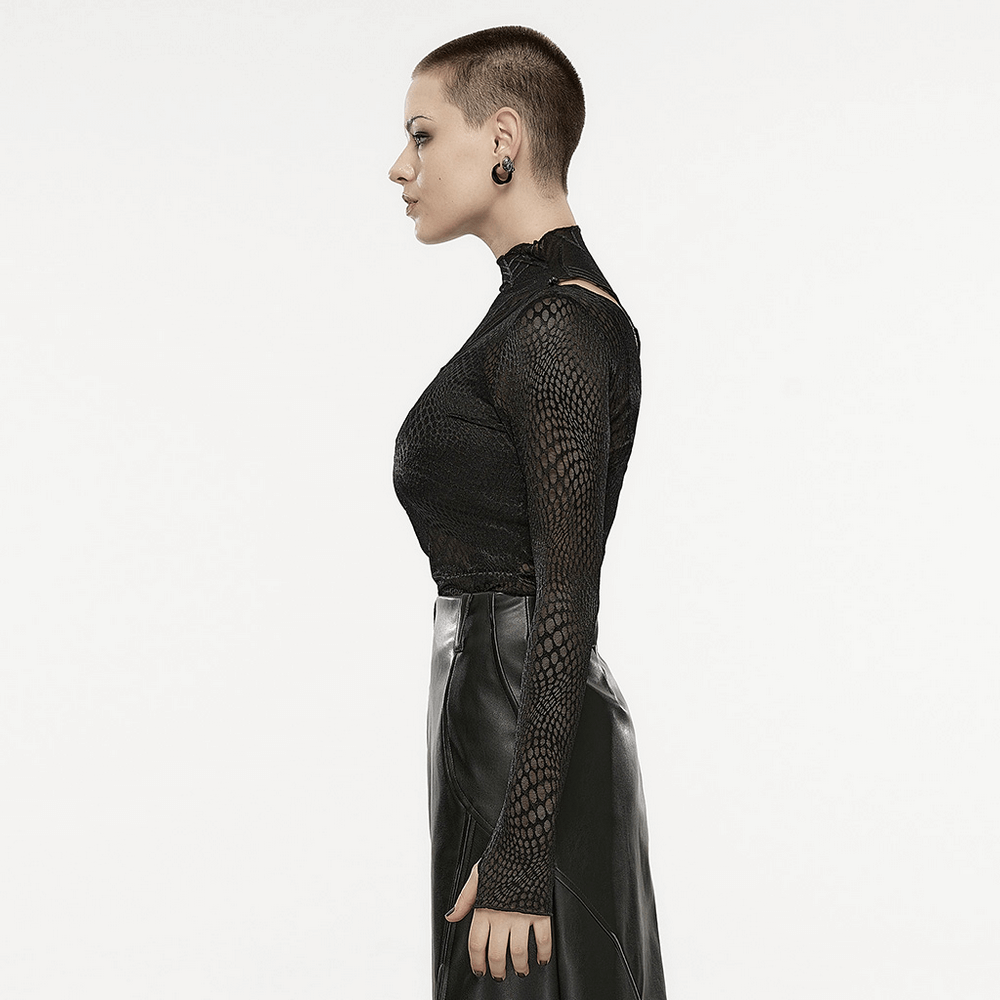 Side view of a stylish punk black spiderweb mesh long sleeve top with high neck and asymmetric patchwork design.