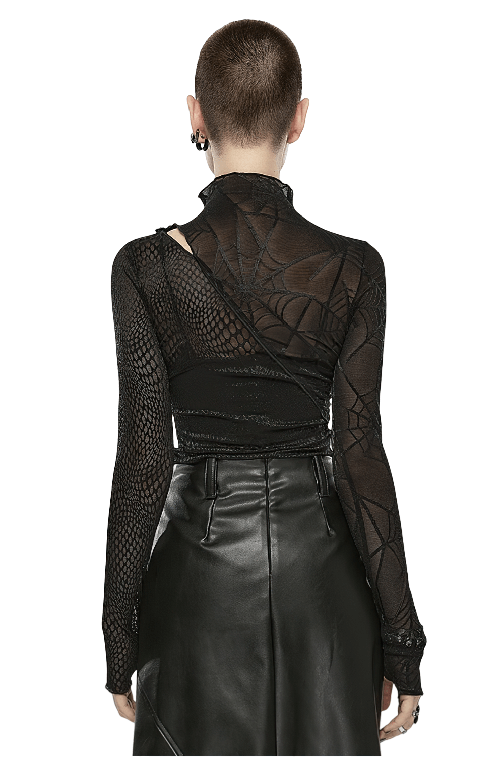 Back view of a stylish punk black spiderweb mesh long sleeve top with hollow-out design and asymmetric patchwork.