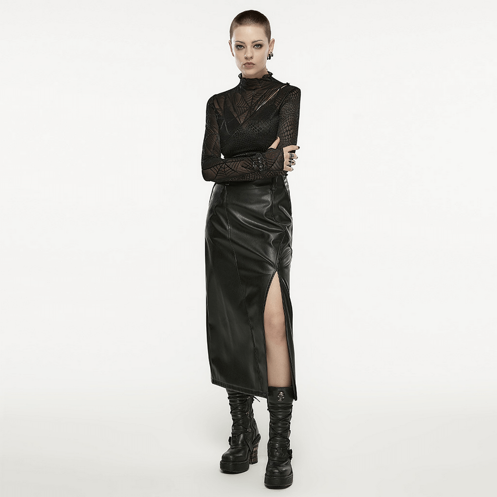 Stylish punk black spiderweb mesh long sleeve top paired with a sleek leather skirt for an edgy, rockstar look.