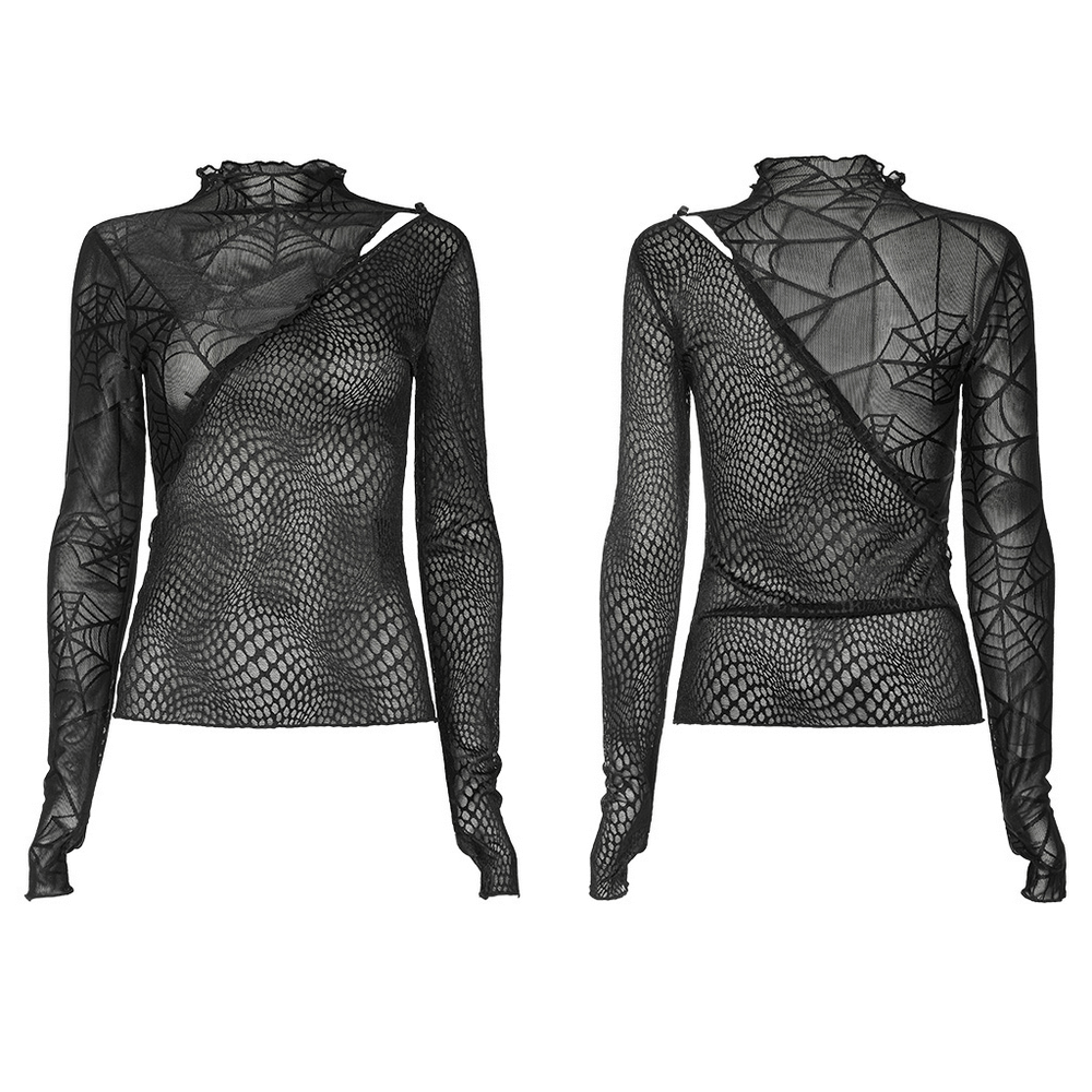 Stylish punk black spiderweb mesh long sleeve top with asymmetric design and skull detail, perfect for edgy fashion lovers.