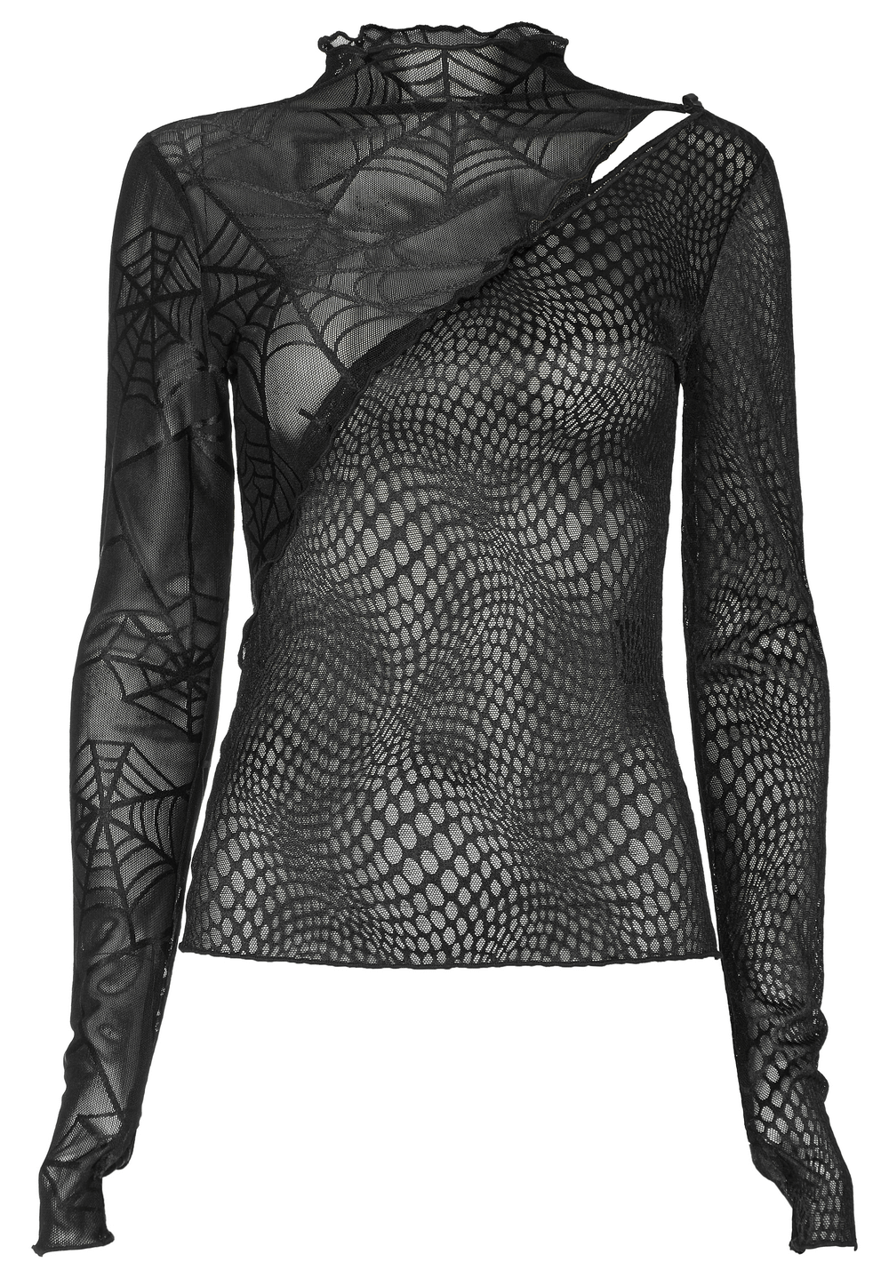 Stylish punk black spiderweb mesh long sleeve top with asymmetric patchwork design and hollow-out shoulder.