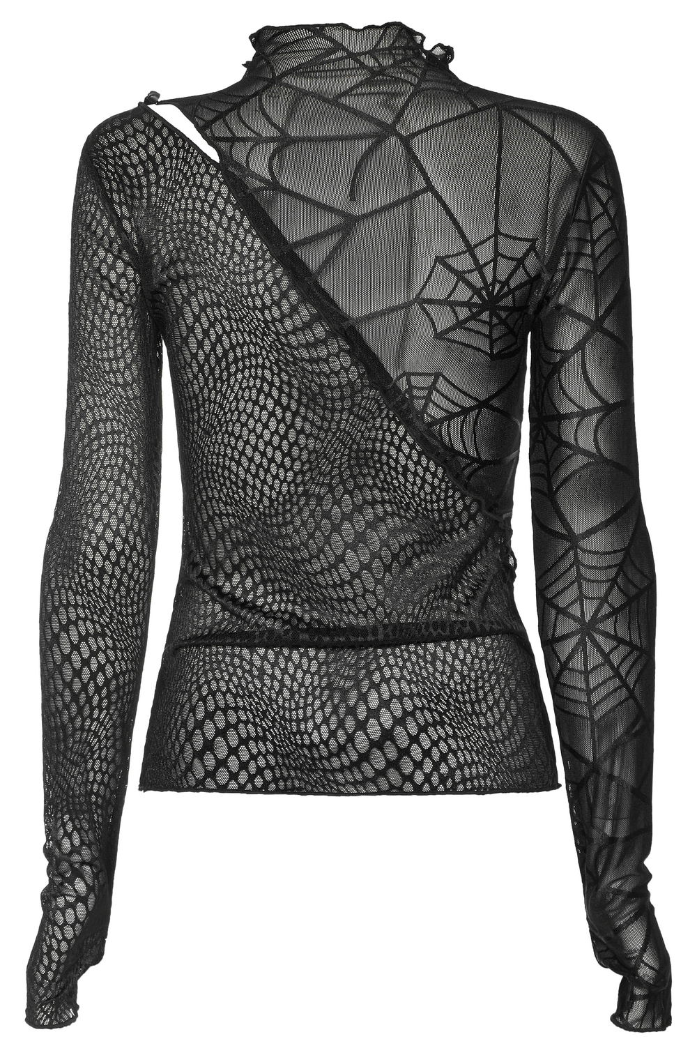 Edgy black spiderweb mesh long sleeve top with asymmetric patchwork design and high neck, perfect for punk style.