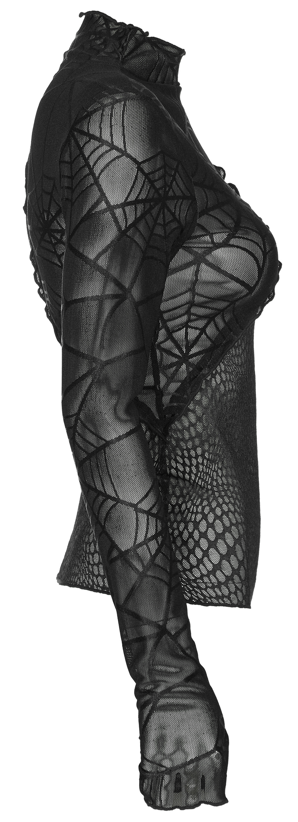 Stylish punk black spiderweb mesh long sleeve top with hollow-out design and skull detail for a bold rockstar look.