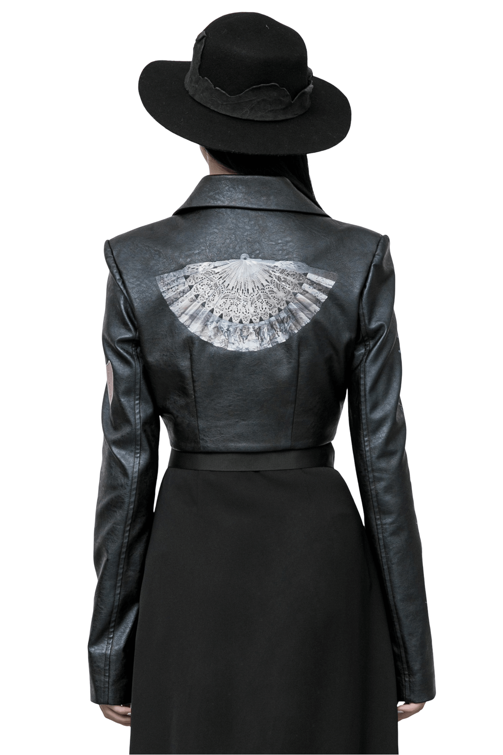 Back view of a stylish punk cropped leather jacket with unique printed fan design, paired with a chic black hat.