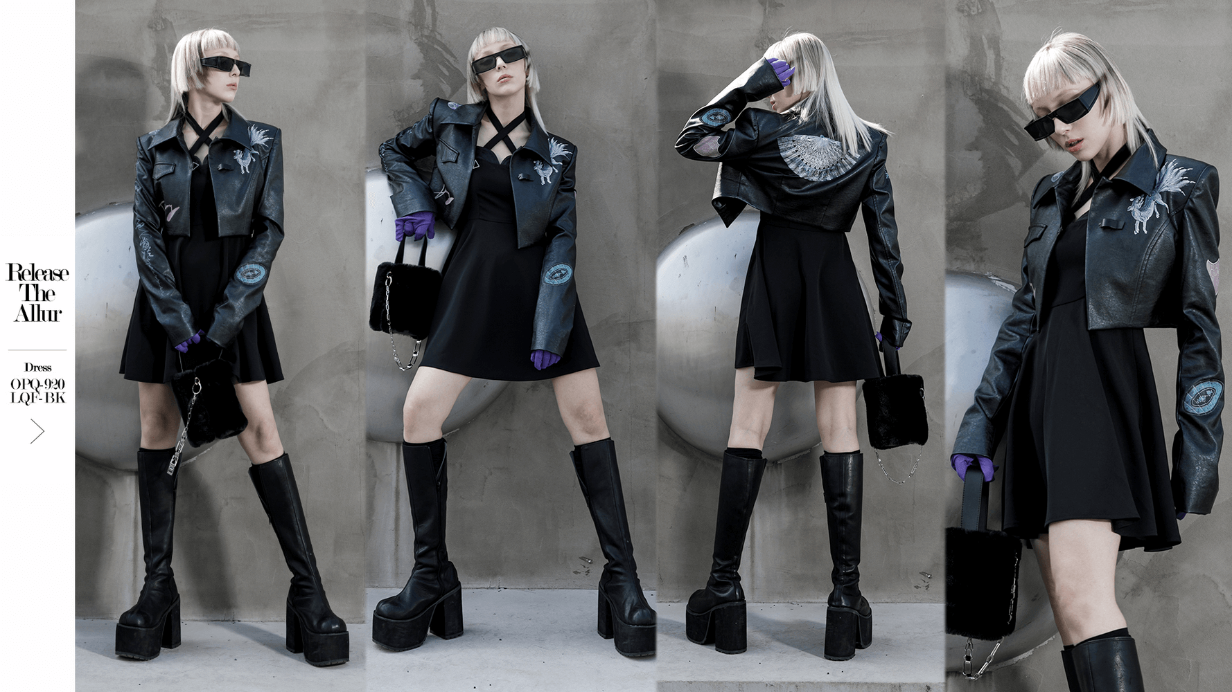 Stylish punk cropped leather jacket with unique prints, paired with a chic black dress and platform boots, exuding edgy fashion.