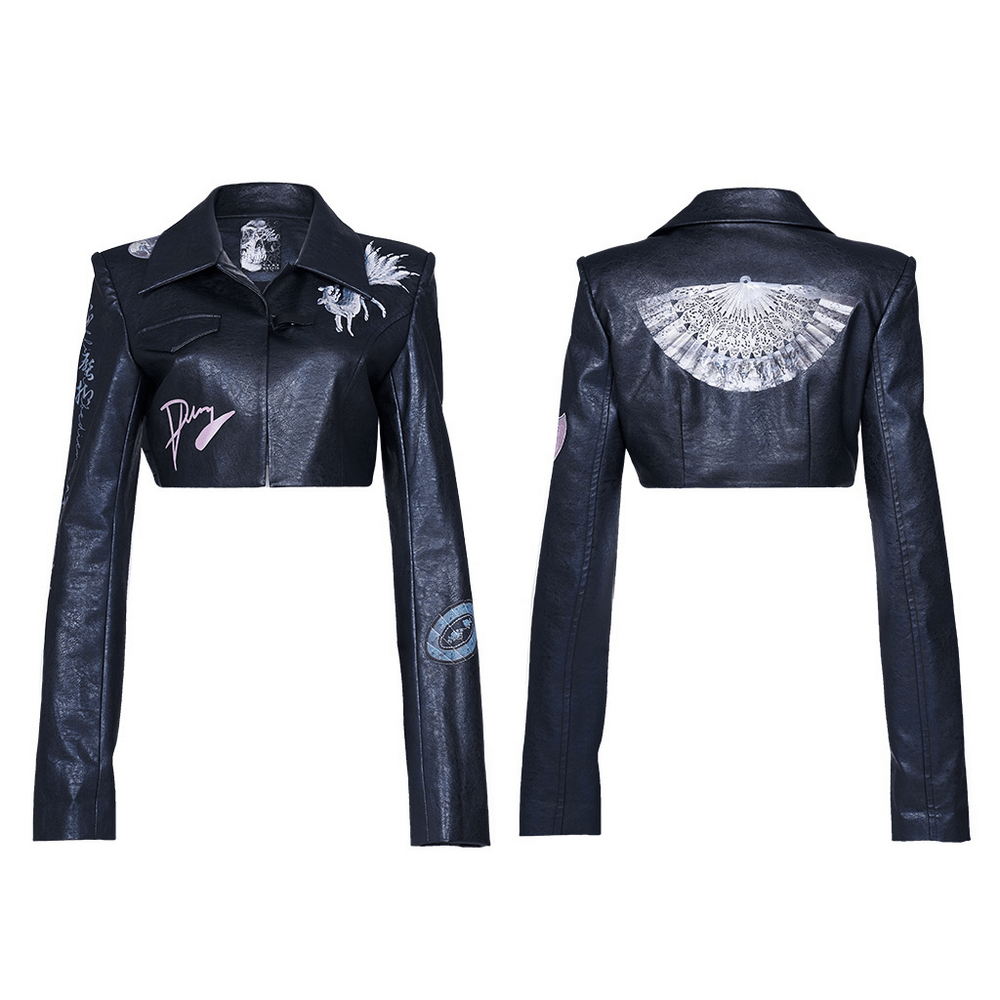 Stylish Punk Cropped Leather Jacket with Prints