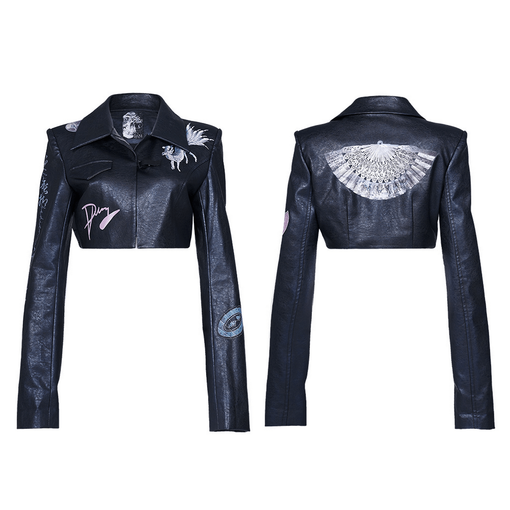 Stylish punk cropped leather jacket with unique prints and edgy design for a standout look.