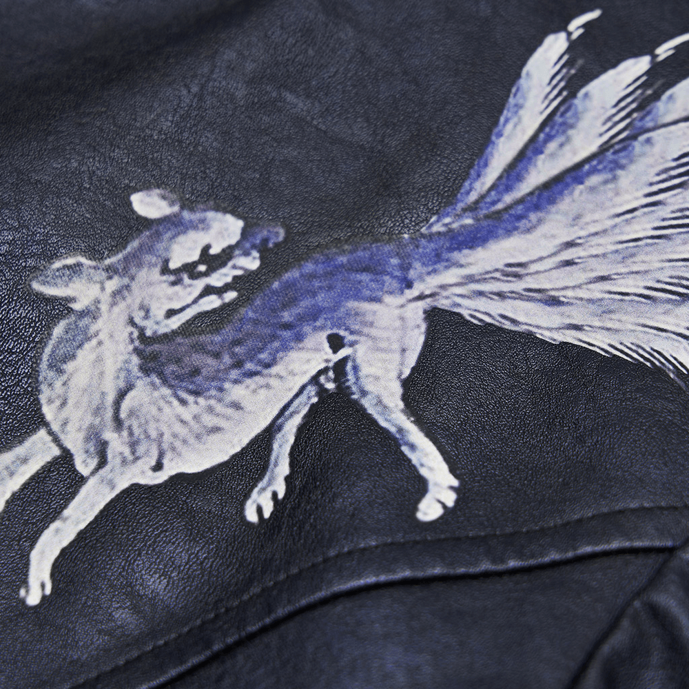 Close-up of a unique printed design featuring a mythical fox on a stylish leather jacket.