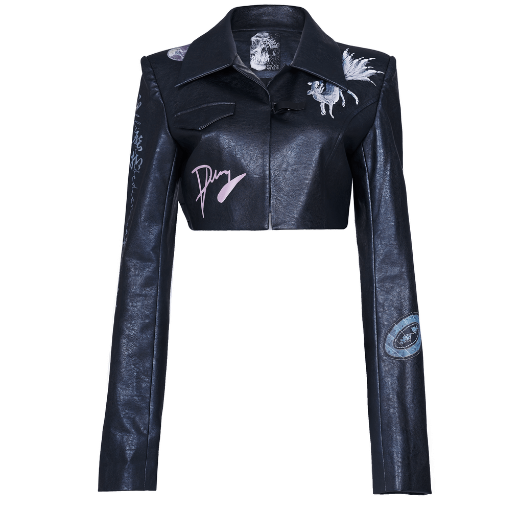 Stylish punk cropped leather jacket with unique prints and edgy details, perfect for making a bold fashion statement.