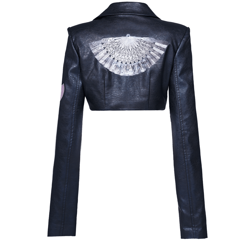 Stylish punk cropped leather jacket with unique print on back and long sleeves for an edgy look.