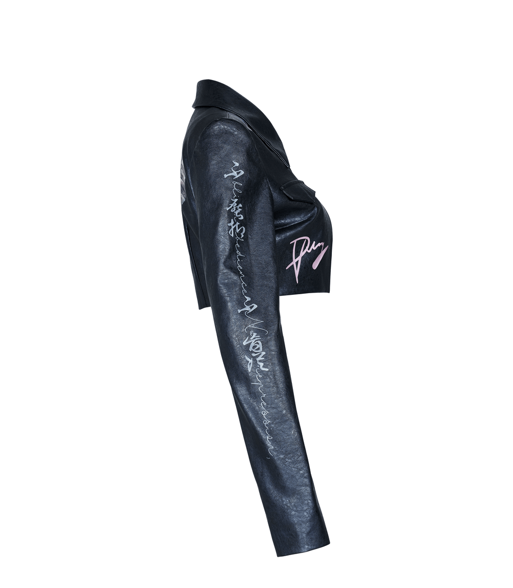 Stylish punk cropped leather jacket featuring unique prints and edgy design, perfect for making a bold fashion statement.