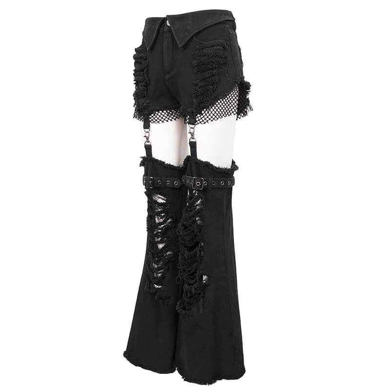 Stylish punk detachable flared pants for women featuring edgy rips and versatile two-wear options.