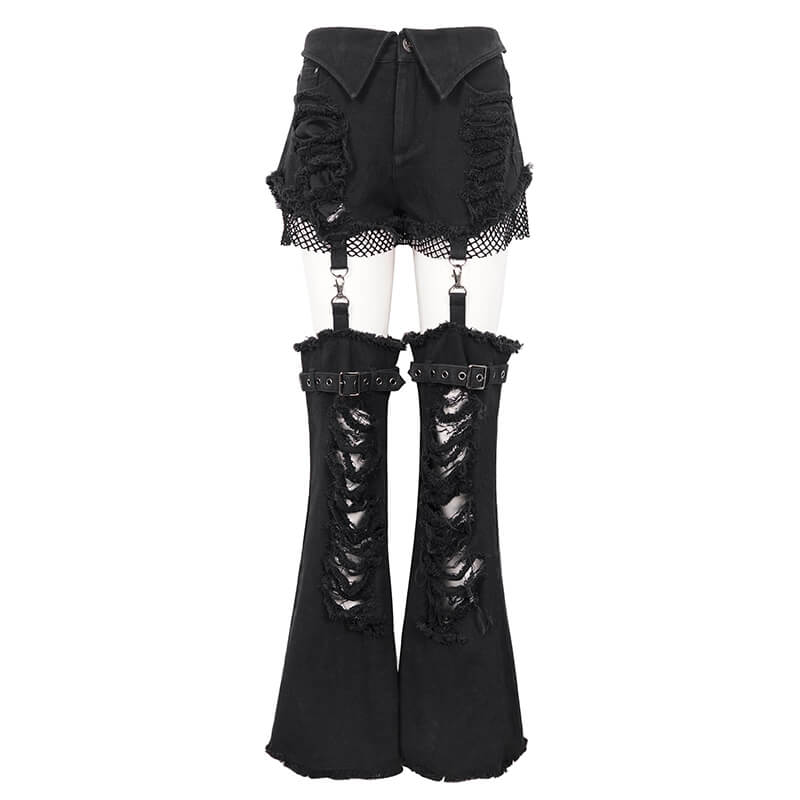 Punk-inspired detachable flared pants with stylish mini shorts in black, perfect for alternative fashion lovers.