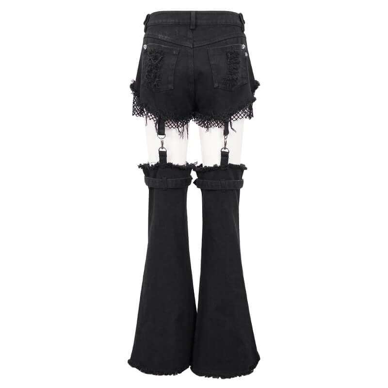 Stylish punk detachment flared pants for women, featuring a shorts-top and full-length versatility in black.