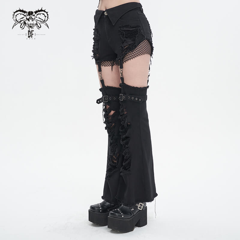 Punk-inspired women's detachable flared pants showcasing edgy style with ripped details and bold accessories.