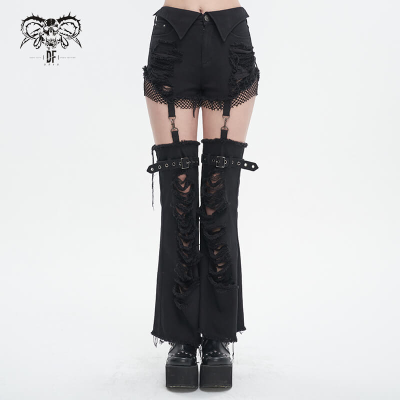 Punk-inspired flared pants for women with detachable features and edgy ripped design.