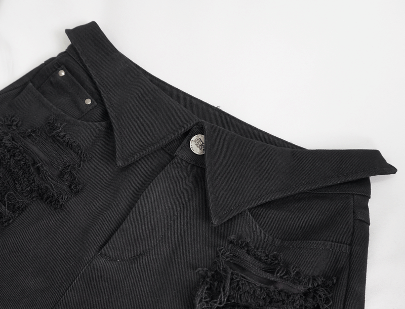 Stylish black flared pants with unique collar and distressed details for women's alternative punk fashion.