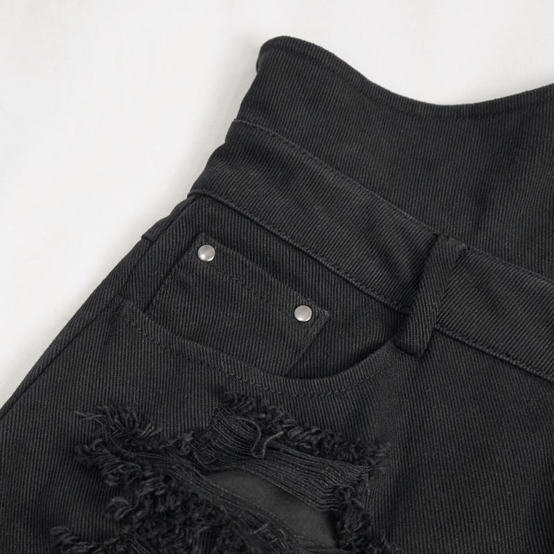 Close-up of stylish black punk flared pants showing unique detailing and rich texture for alternative fashion lovers.