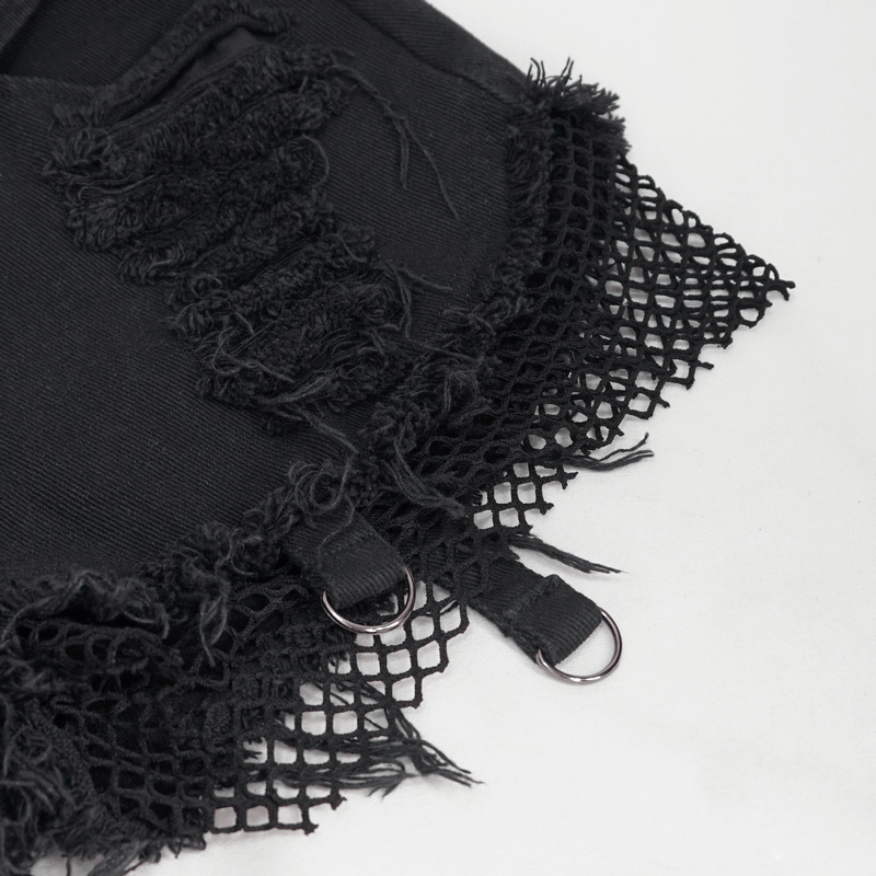 Close-up of stylish punk flared pants featuring textured fabric and unique detachable netting detail.