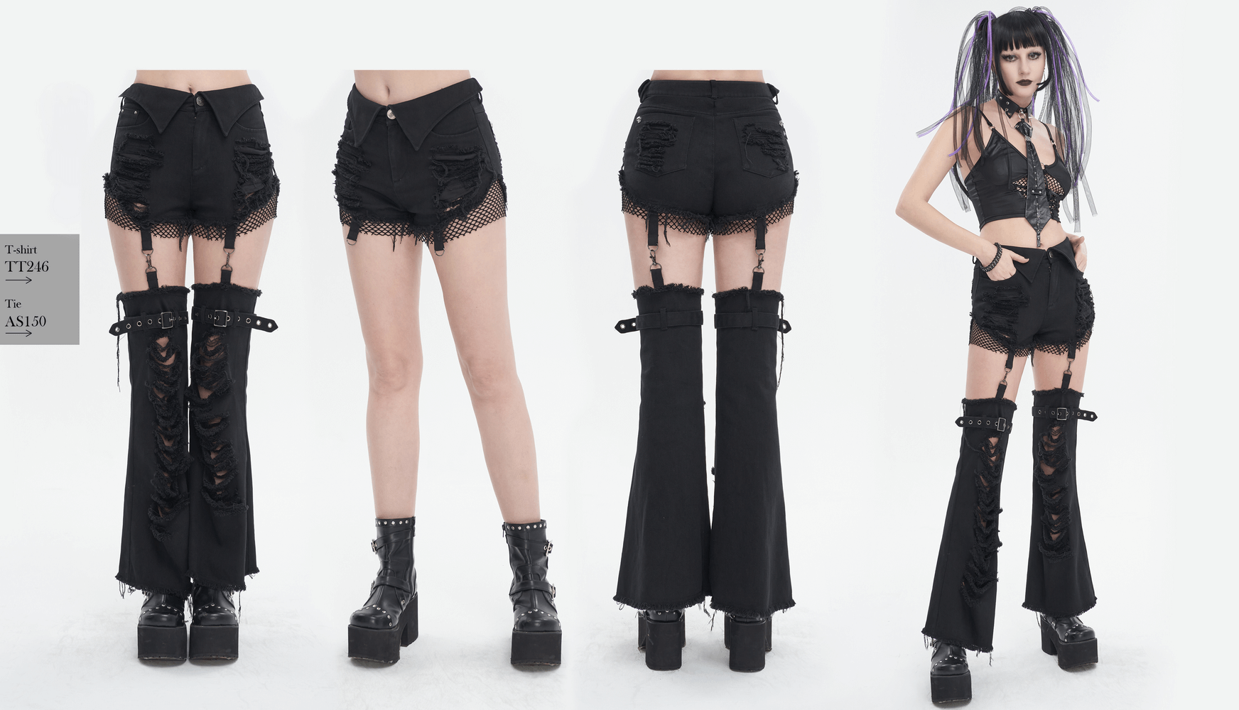 Stylish punk detachable flared pants for women showcasing unique two-wear designs in edgy black fashion.