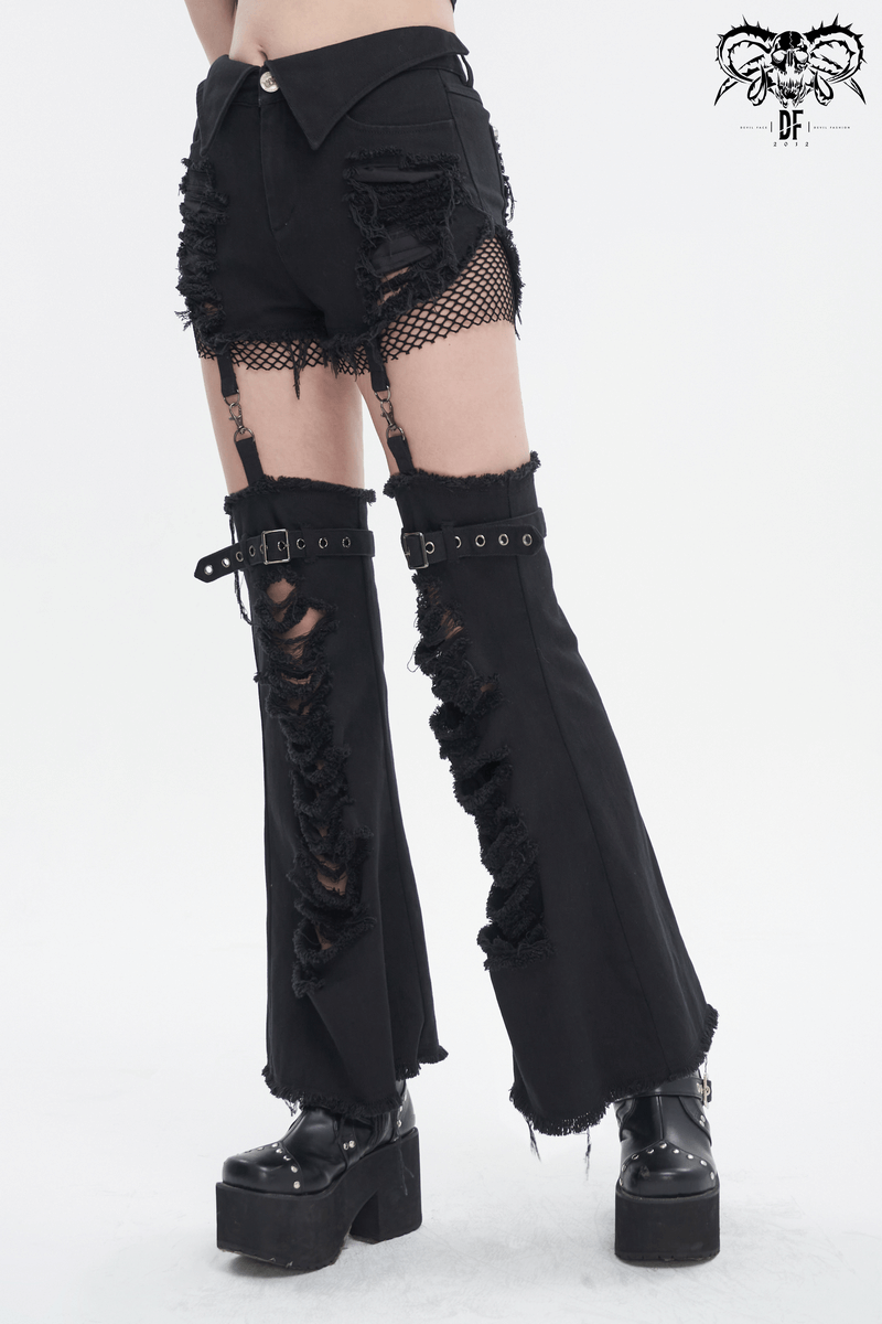 Stylish punk detachable flared pants for women, featuring ripped details and edgy design for alternative fashion.