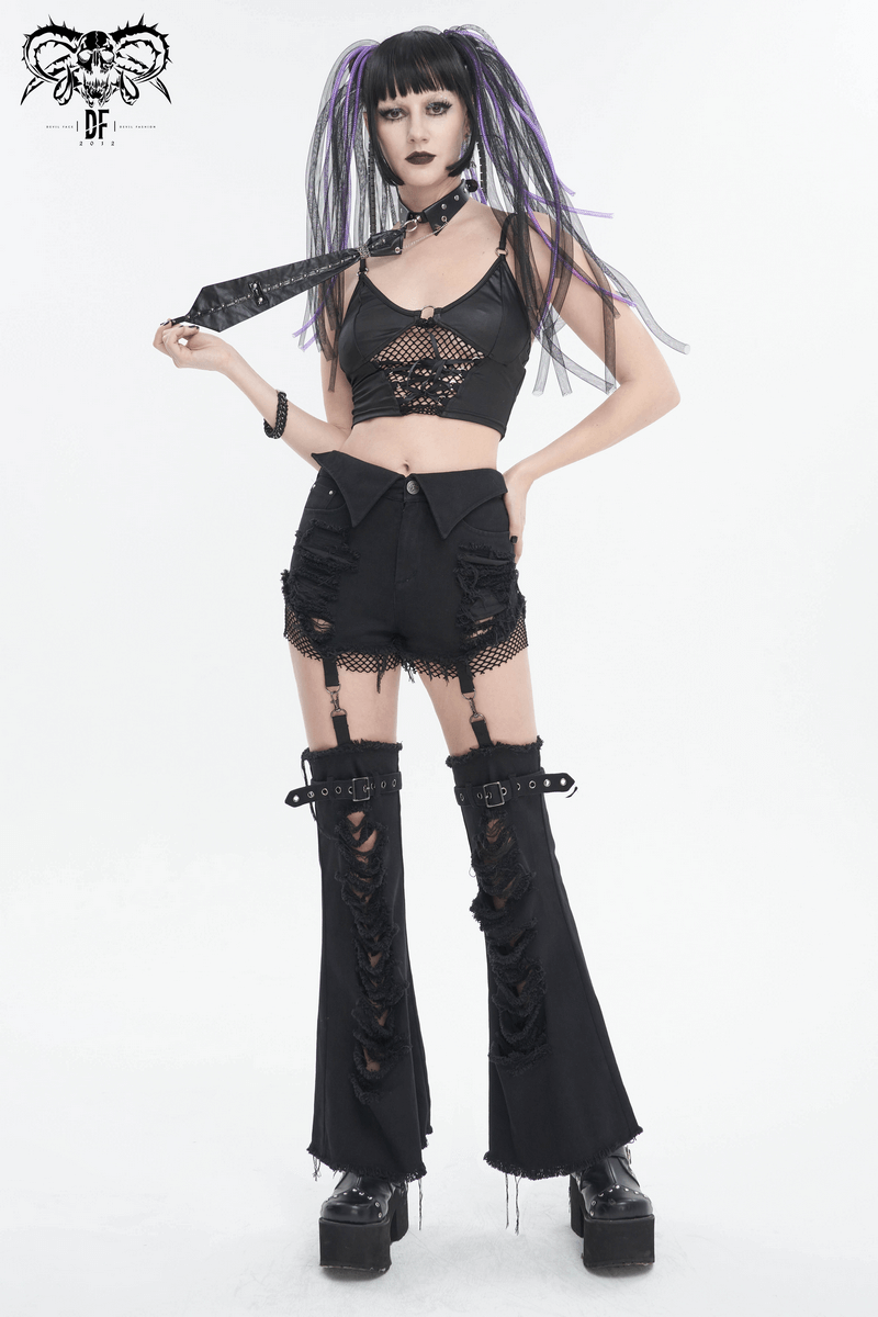 Punk-inspired woman showcasing stylish black flared pants and crop top, perfect for alternative fashion enthusiasts.