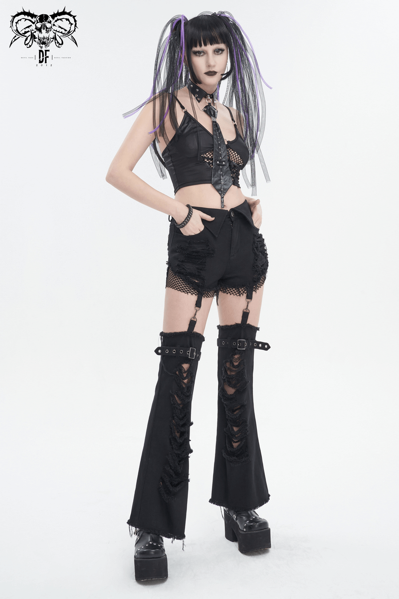 Stylish punk-inspired woman in detachable flared pants and edgy accessories, showcasing alternative fashion vibes.