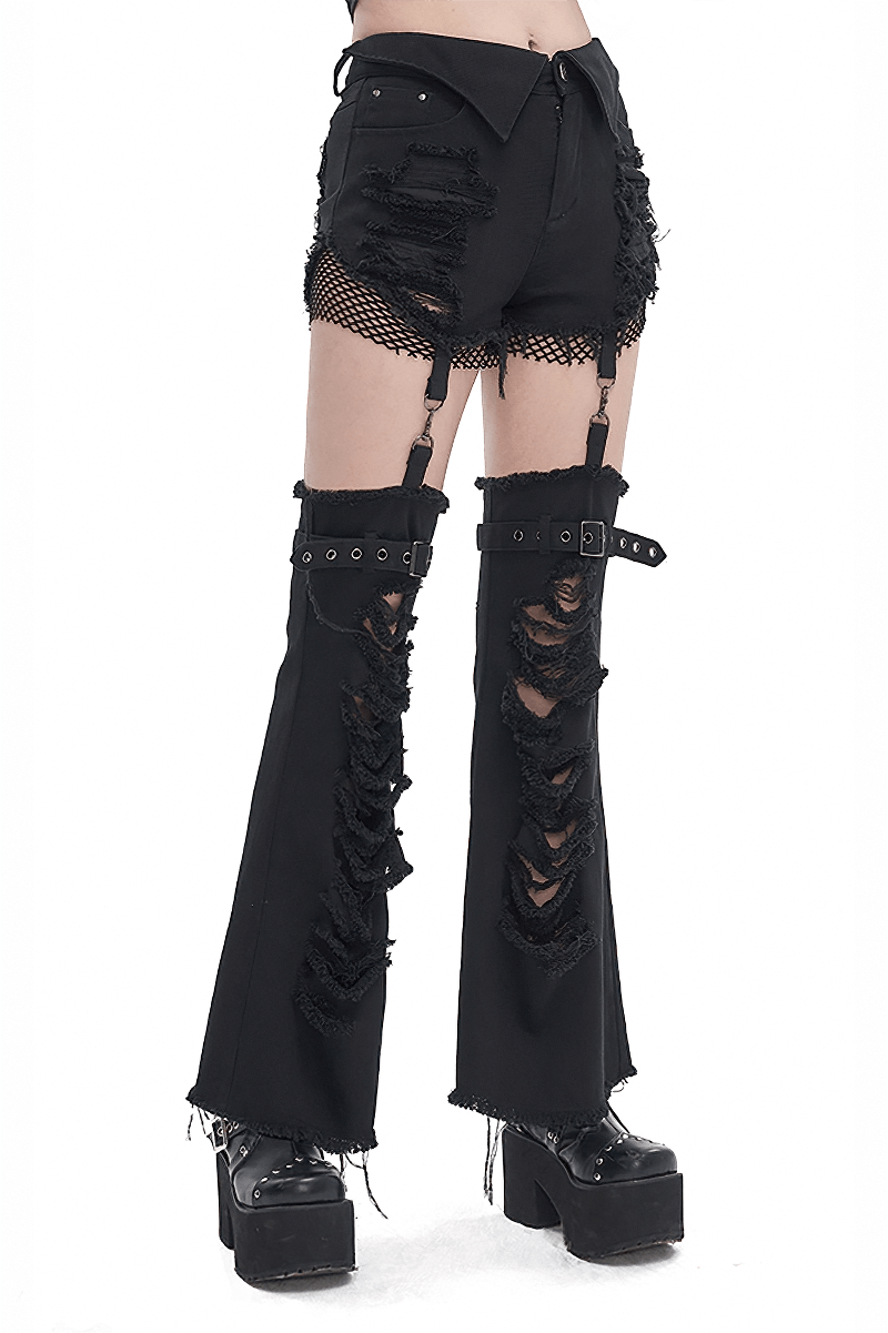 Punk-inspired detachable flared pants for women, showcasing edgy design and alternative fashion style.