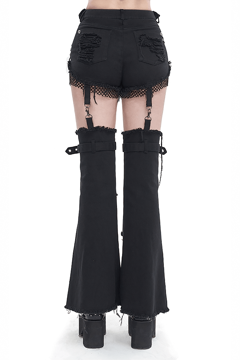 Back view of stylish punk flared pants for women with detachable features and edgy design.