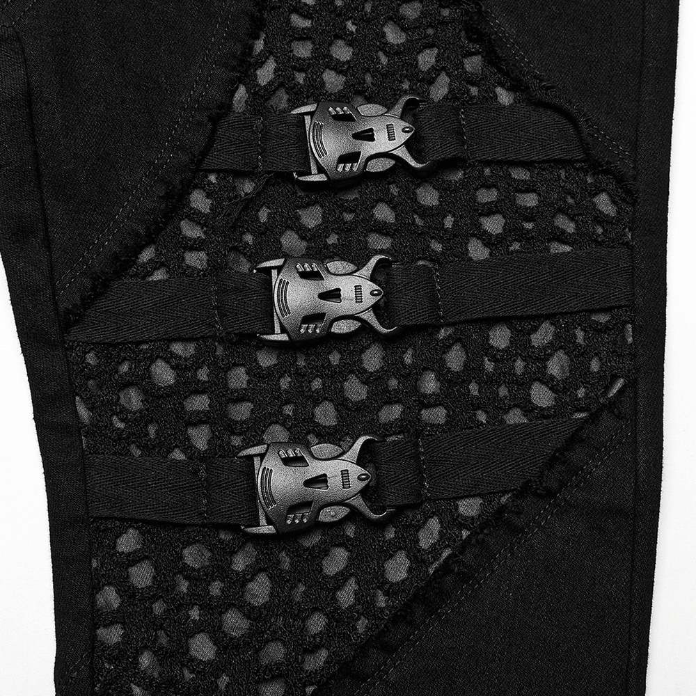 Close-up of edgy gothic mesh detailing and unique buckle design on stylish punk flared pants.