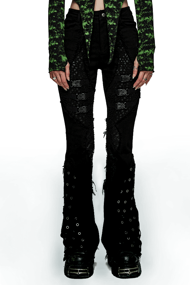 Stylish punk flared pants with mesh inserts and eyelets, perfect for edgy gothic fashion lovers.