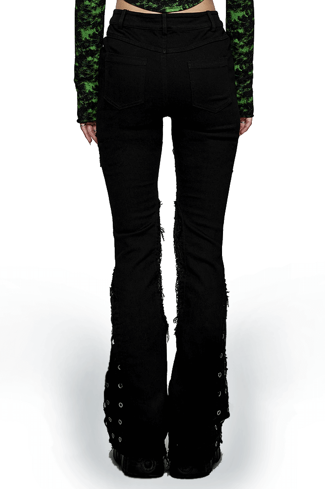 Back view of stylish punk flared pants, featuring edgy design with raw edges and eyelet details. Perfect for gothic style!