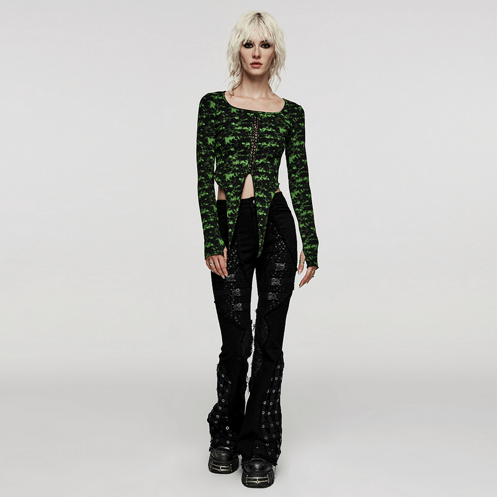 Gothic style model wearing stylish mesh-insert flared pants and a green top, showcasing edgy punk fashion.