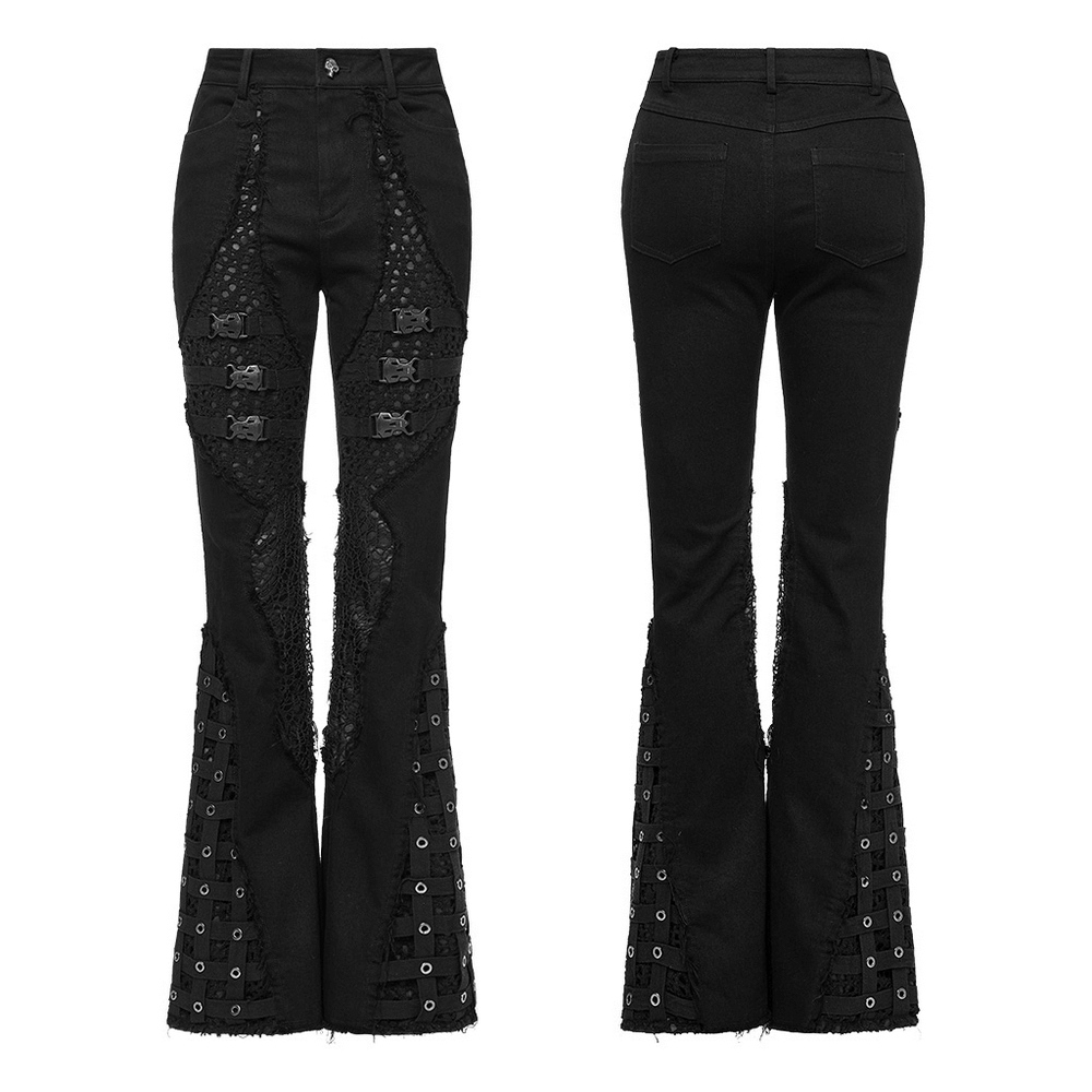 Stylish punk flared pants featuring mesh inserts and eyelet details, perfect for gothic-inspired fashion.