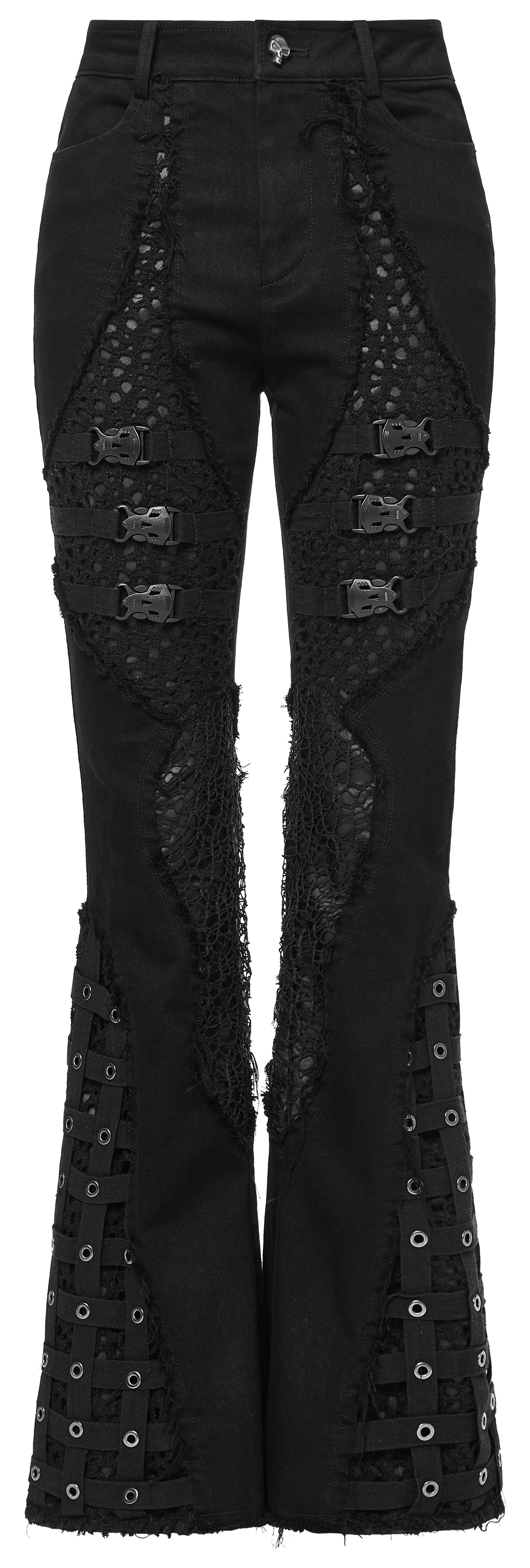 Stylish punk flared pants with mesh inserts and eyelet details, showcasing edgy gothic style in black denim.