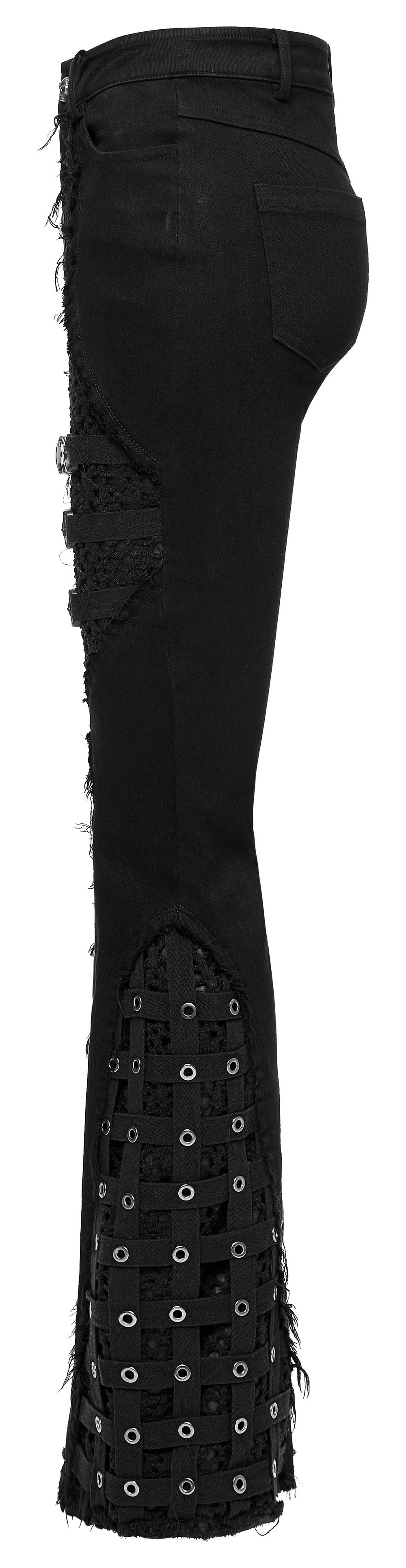 Stylish punk mesh-insert eyelet denim flares showcasing gothic style with edgy detailing and raw edges.