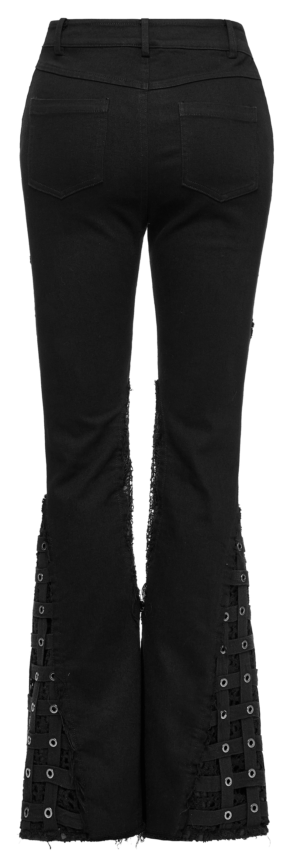 Back view of stylish punk flared pants with eyelet detailing and mesh inserts in gothic style.