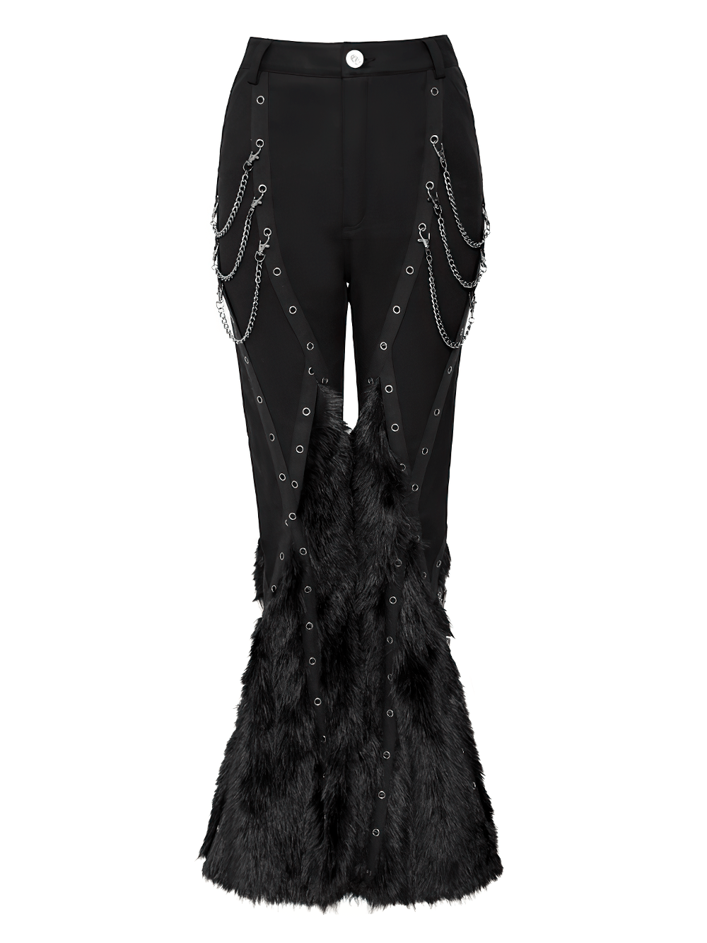 Stylish Punk Faux Fur Flared Pants with Side Chains, black gothic bell bottoms with eyelets and silver chains